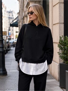 Club Beymen Black Hooded Sweatshirt with Subtle Embroidered Bird
